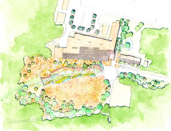 The Machine in the Garden, a series of wetland pools, runnels, weirs, and planting, provides an infrastructure for many beneficial processes beyond its aesthetic intention of creating a landscape scaled sculpture: eliminating potable water use for irrigation; managing stormwater; acting as receiving basin for fire protection ‘waste’ water; and providing opportunities for scientific experimentation and public education.