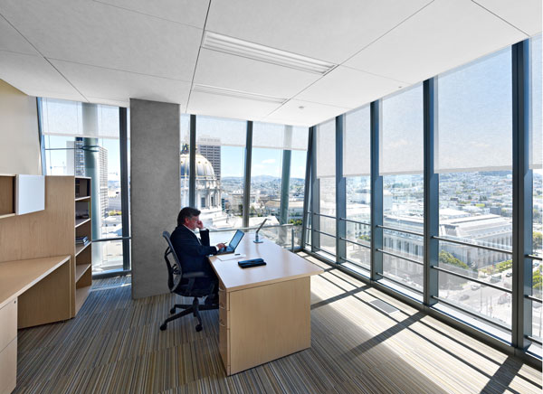 Automated shades by MechoSystems allow PUC employees to enjoy the sun’s rays when it’s comfortable, aiding productivity and happiness in the workplace.