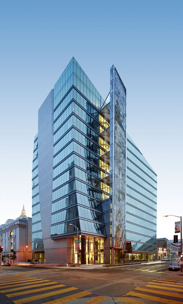 The San Francisco Public Utilities Commission (PUC) glass facade shines.