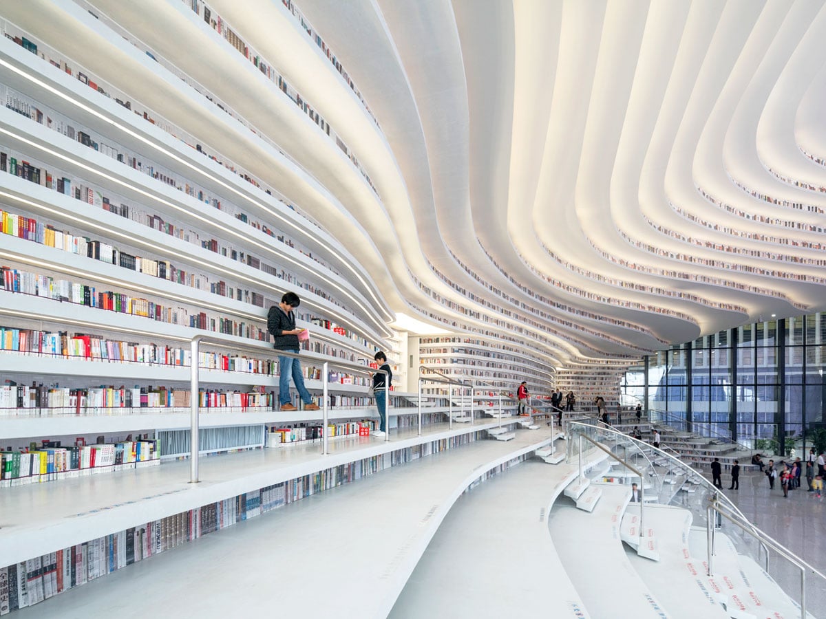Tianjin Binhai Library Uses Terraced, Library Bookcase Lighting Design