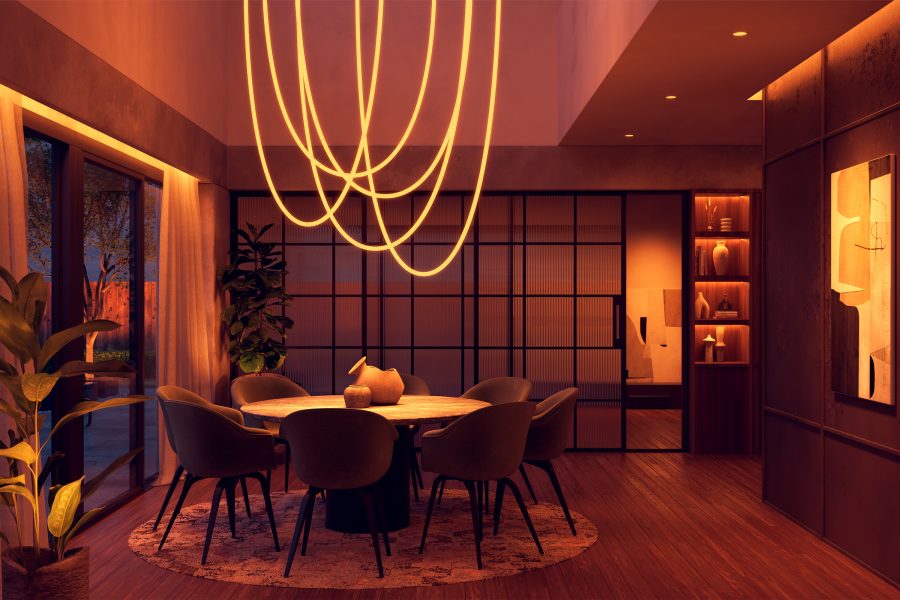 neocon-fmdd-PureEdgeLighting_Trapeze--Wave-Oval_The-Orland-Dininr-Room_Night